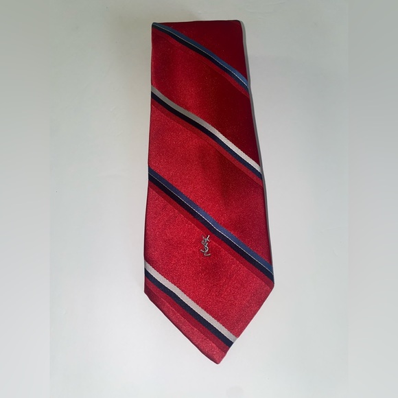 YSL Men's Red Striped Silk Neck Tie - Picture 6 of 10